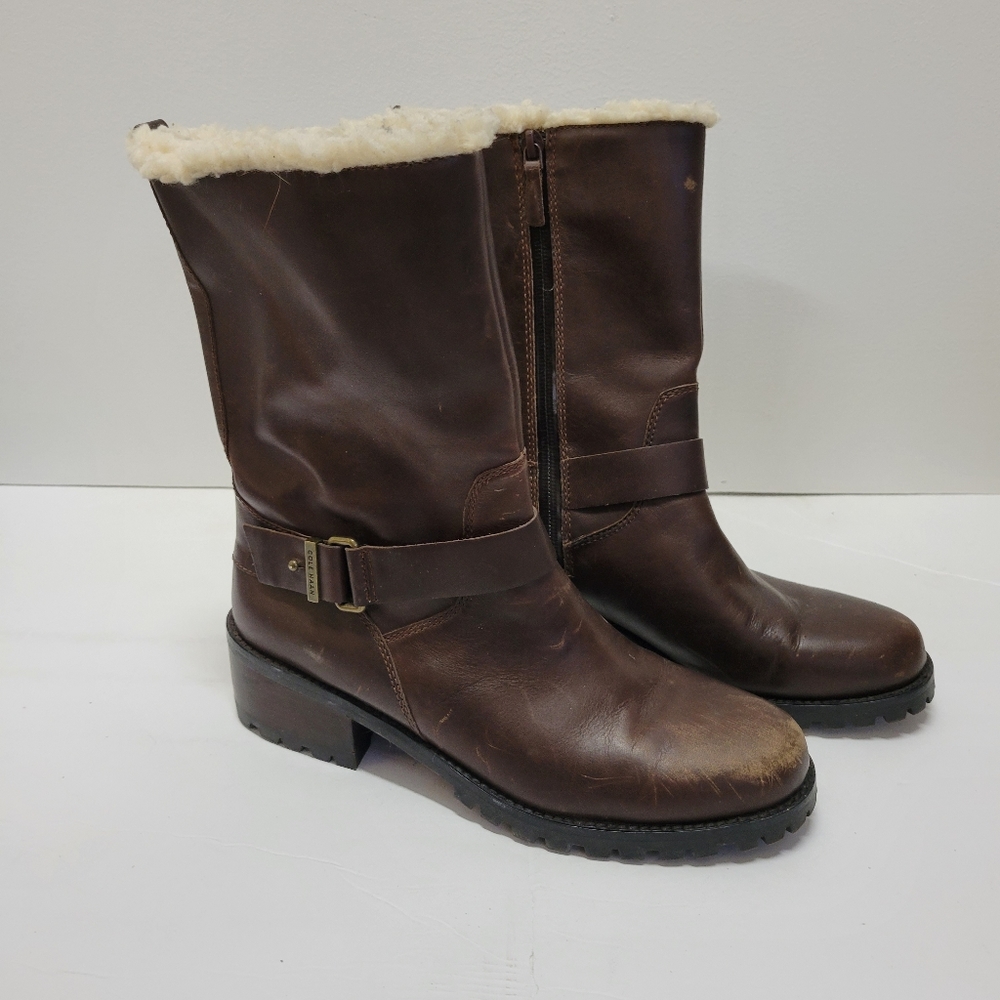 Cole Haan Champlain Waterproof Leather Sherpa Trim Buckle Boot Brown Size 9 B